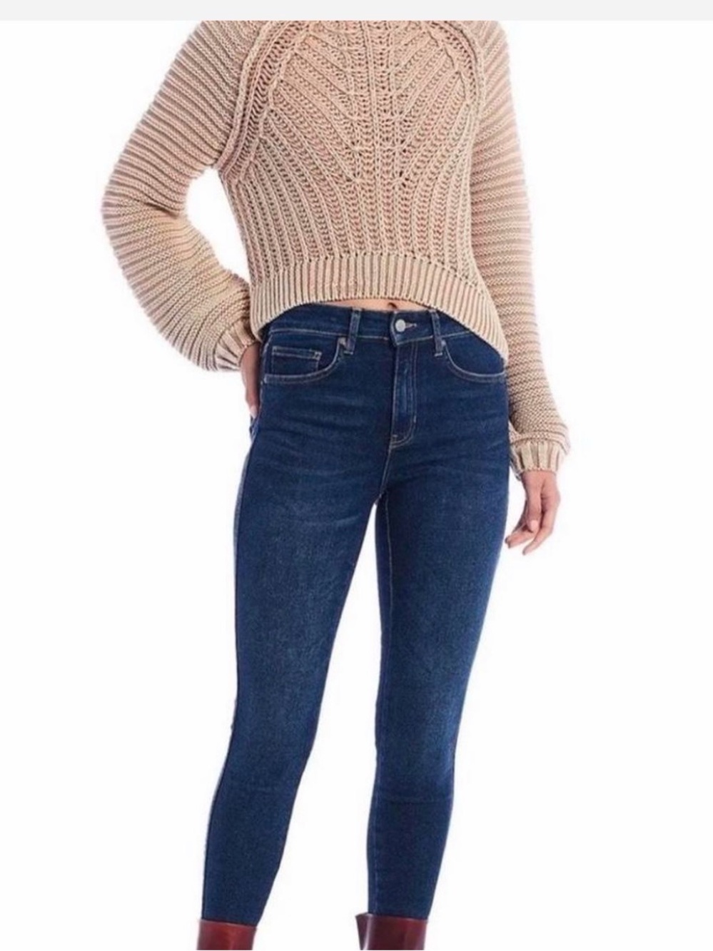 Free People Sweetheart Cropped Rib-Knit Sweater Sandcastle Tan Size Large - Picture 3 of 7